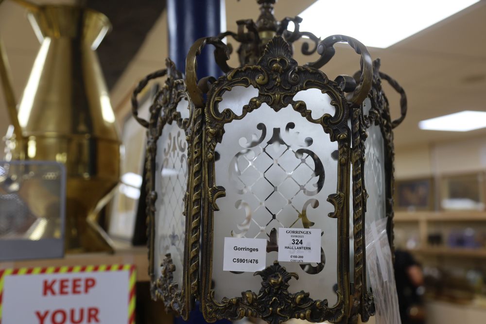 An early 20th century hexagonal hall lantern, drop 60cm